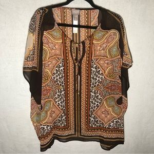 CHICO’S Sz S/M Colorful Art To Wear shear KAFTAN TOP Kimono Women’s